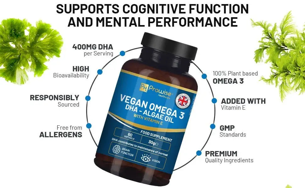 Prowise Vegan Omega-3-DHA aus Algenöl, 60 Weichkapseln, Nahrungsergänzungsmittel mit pflanzlichem Omega-3 für gesunde Gehirn- und Herzfunktion