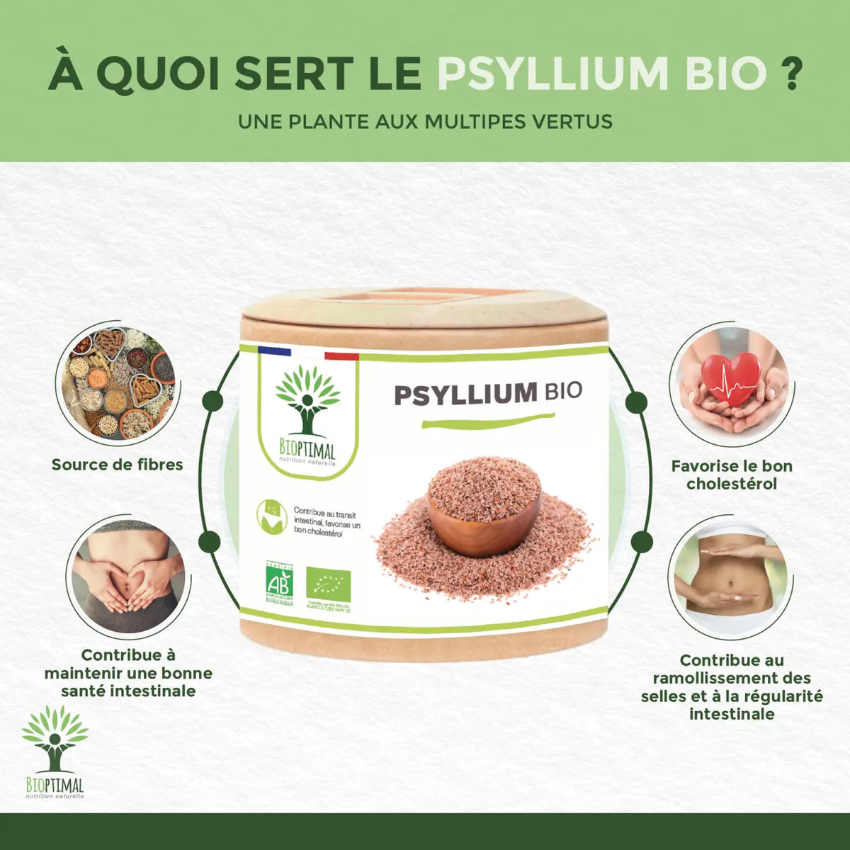 Ein zylinderförmiger behälter biooptimal psyllium bio mit holzfarbenem deckel enthält rosa-braunes psylliumpulver für verdauung und cholesterinregulation