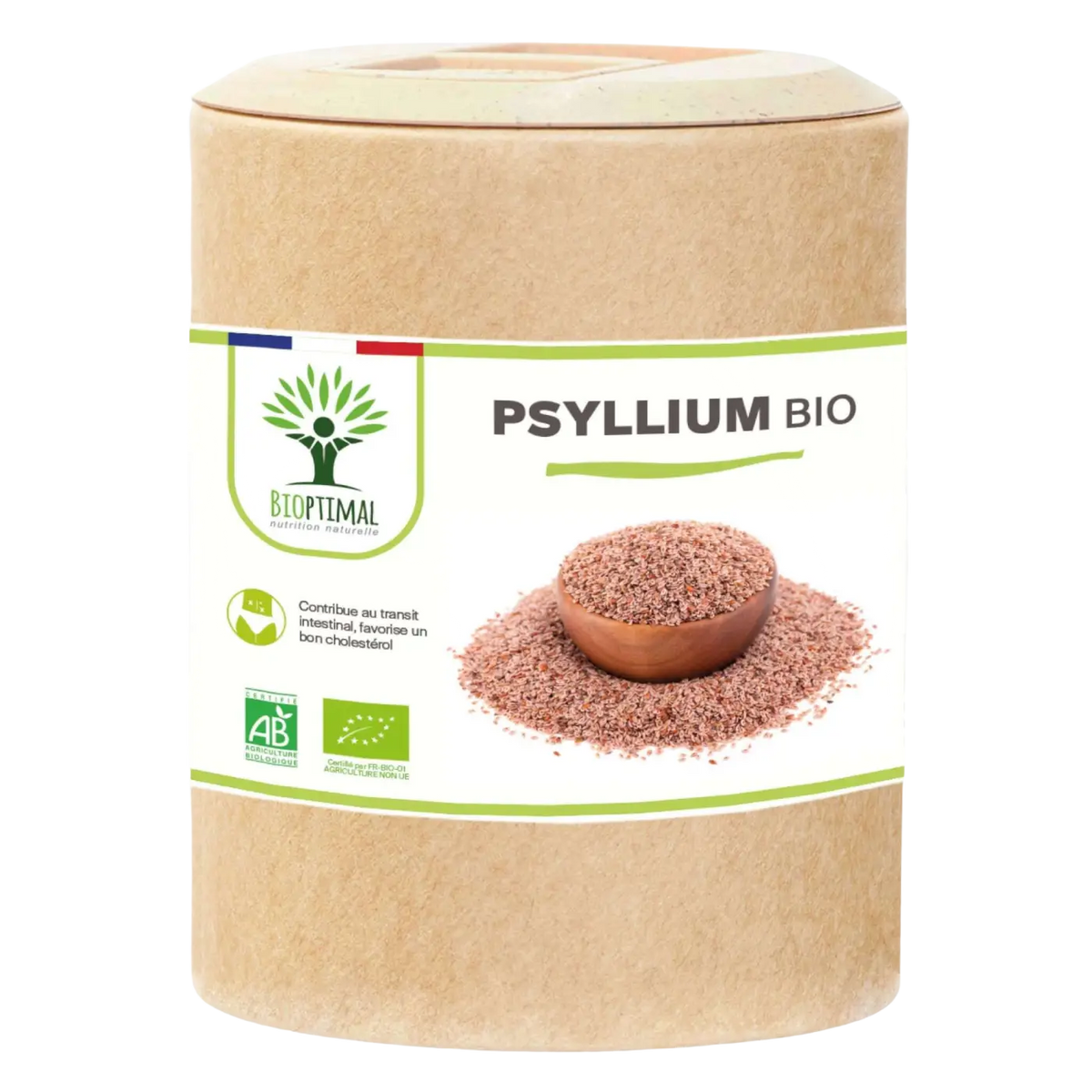 Brauner zylindrischer biooptimal behälter mit organic psyllium husk kapseln für eine gesunde verdauung und cholesterinregulation