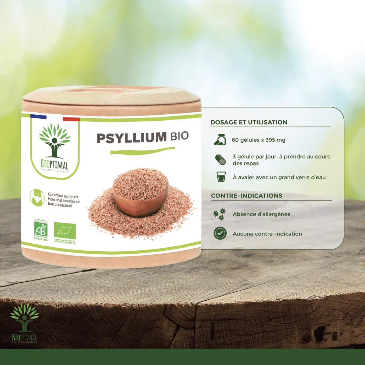 A cylindrical container of bioptimal psyllium bio with a light brown lid and green accents for digestion and cholesterol regulation