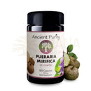 Schwarze glasflasche pueraria mirifica mit pflanzenbildern für hormonelles gleichgewicht und weibliche ausstrahlung