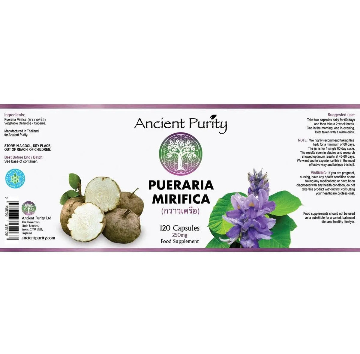 Ancient Purity Pueraria Mirifica Nahrungsergänzung, 120 Kapseln für Hormonbalance und weibliche Vitalität, Nahaufnahme der Kapseln