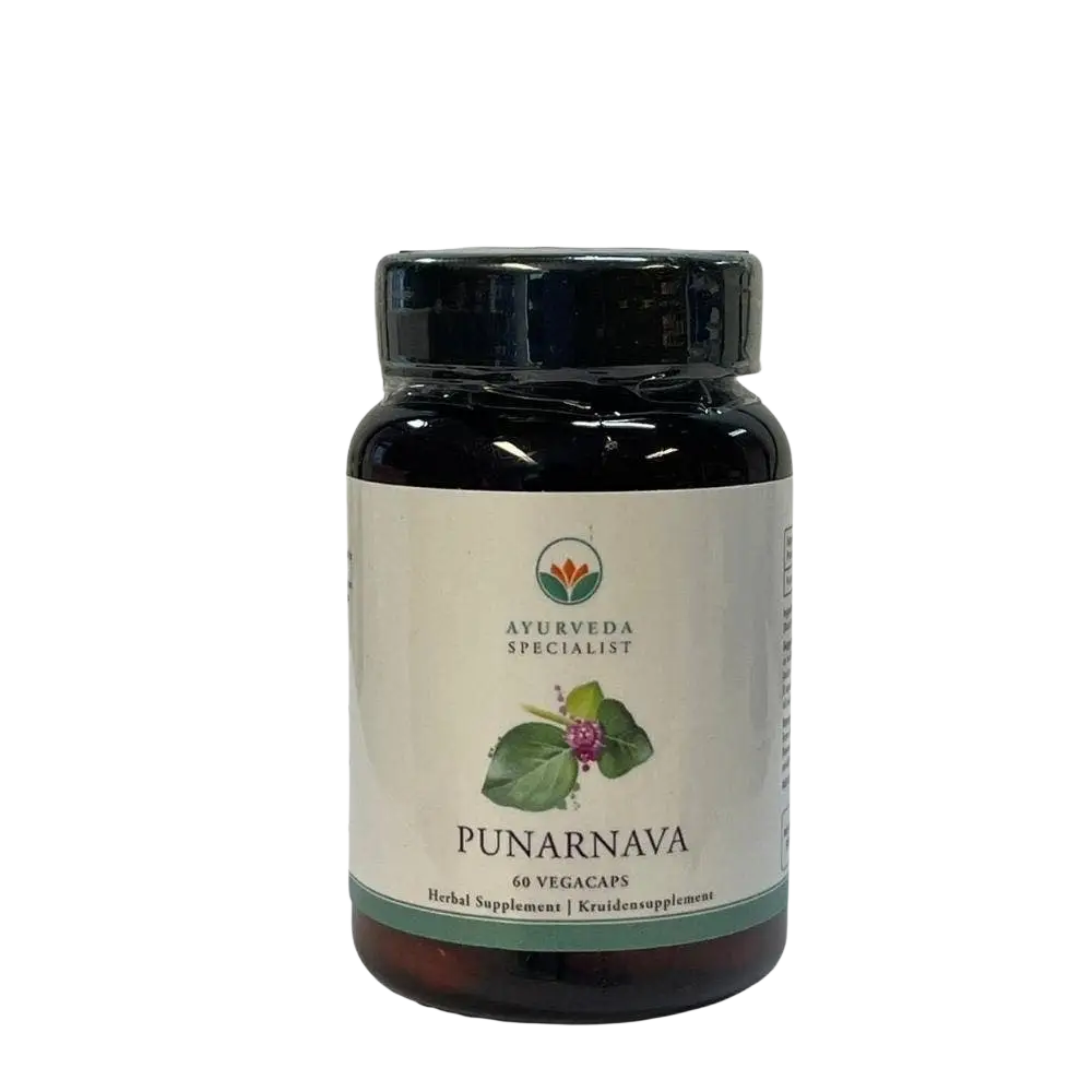 Punarnava Ayurveda Kräuterformel als Nahrungsergänzungsmittel in einer Packung, mit grünen Kräutern auf weißem Hintergrund.