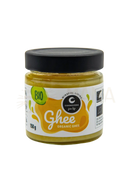 A 150g glas bio reines ghee mit schwarzem deckel und orangeweißgrünem etikett für mildes indisches curry