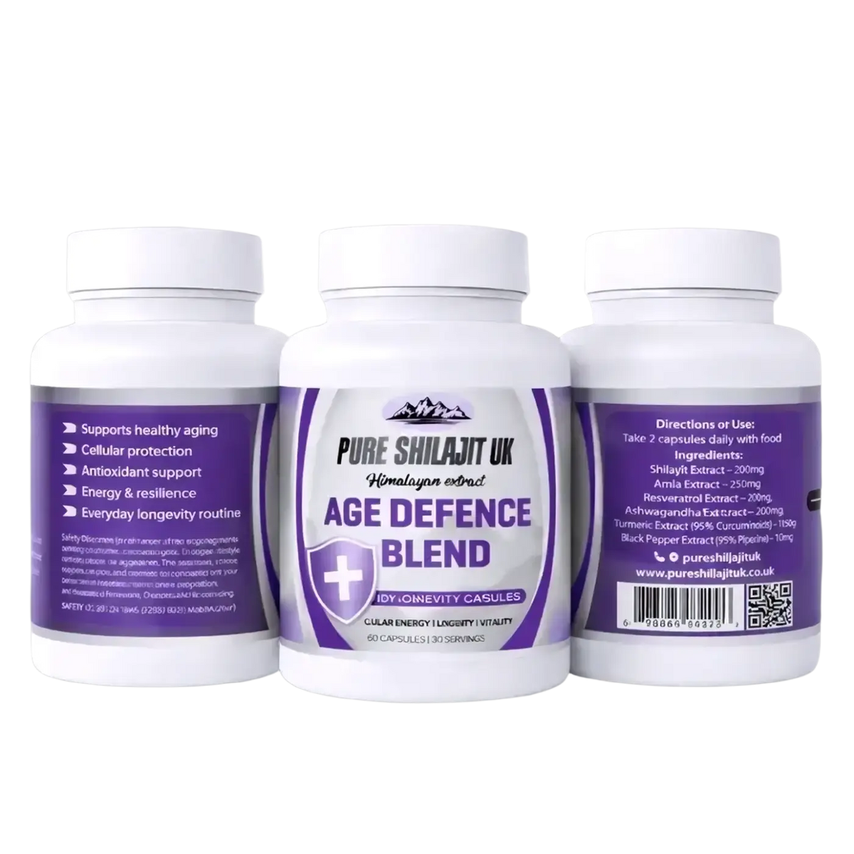 Drei weiße plastikflaschen pure shilajit age defence blend kapseln mit schwarzer pfeffer und turmeric aus mana shop