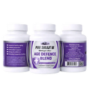 Drei weiße plastikflaschen pure shilajit age defence blend kapseln mit schwarzer pfeffer und turmeric aus mana shop