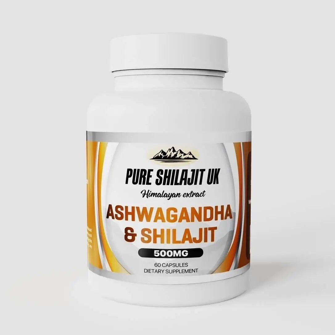 Hochwertige Pure Shilajit UK Nahrungsergänzungskapseln mit Ashwagandha und Shilajit in einer Verpackung auf weißem Hintergrund