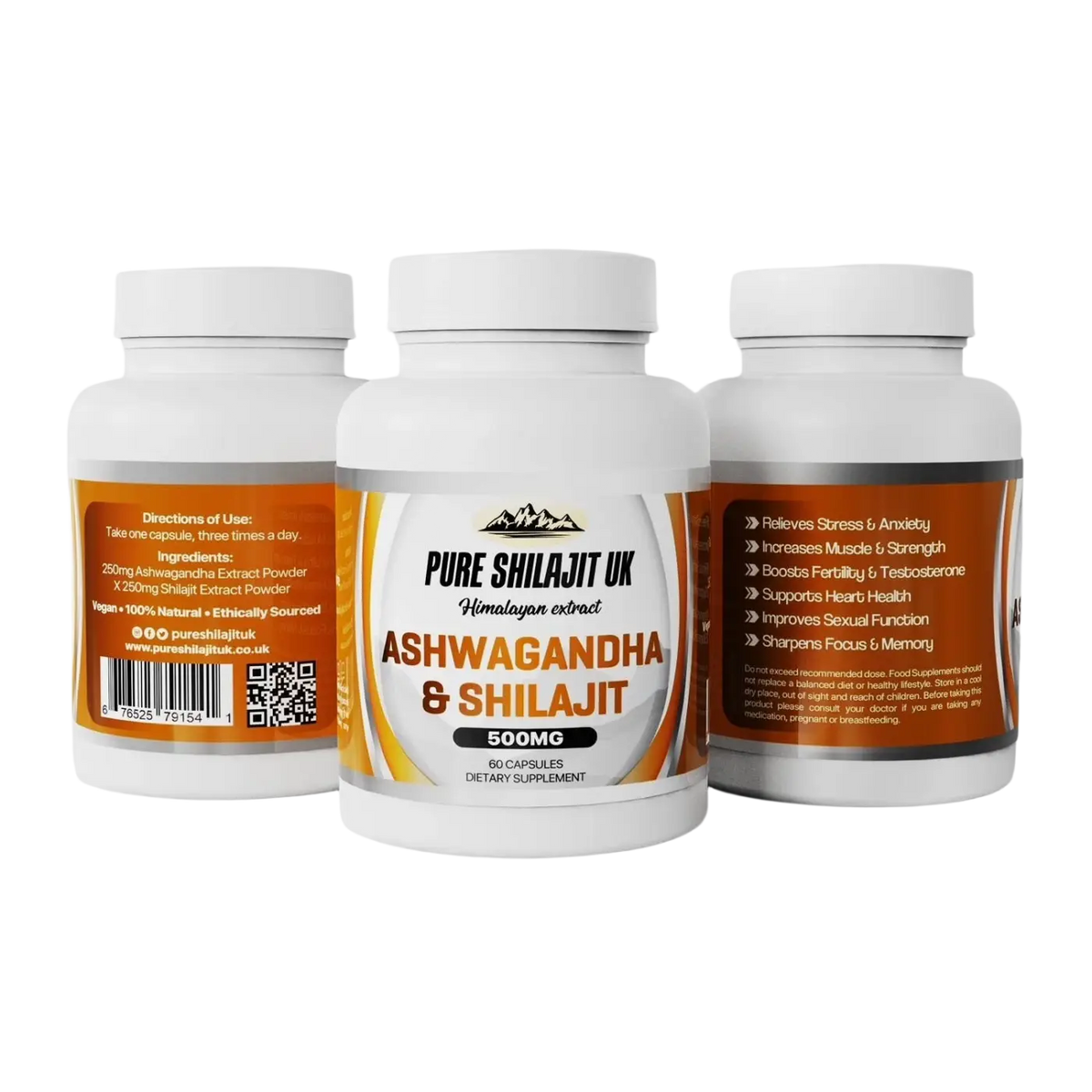 Hülsen mit Pure Shilajit UK Nahrungsergänzung, Ashwagandha und Shilajit, in einer weißen Verpackung, Nahaufnahme