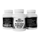 Pure Shilajit UK Nahrungsergänzung: Schwarze Maca- und Shilajit-Kapseln in einer transparenten Flasche.