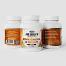 Nahrungsergänzungskapseln von Pure Shilajit UK mit Shilajit und Ashwagandha, in einer offenen Dose auf weißem Hintergrund.