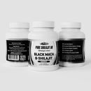 Pure Shilajit UK Nahrungsergänzungskapseln mit schwarzem Maca und Shilajit, geöffnete Verpackung mit Kapseln.