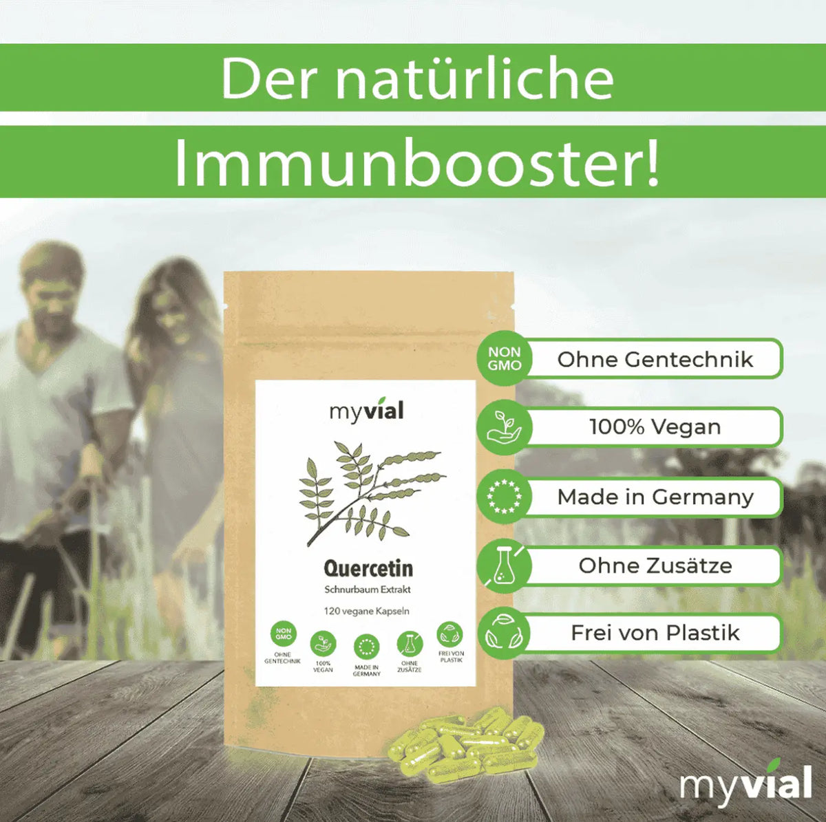 Vegan Quercetin 120 Kapseln von myvial, Nahrungsergänzung, braune Kapseln, 400mg Quercetin pro Portion