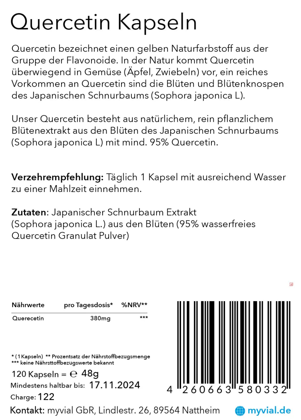 Vegan Quercetin 120 Kapseln von myvial, Nahrungsergänzung mit 400mg Quercetin, weiße Verpackung, natürliche Inhaltsstoffe