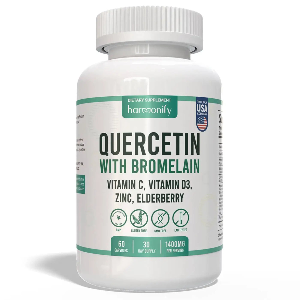 Nahrungsergänzungsmittel mit Quercetin, Bromelain, Zink und Holunder in einer HARMONIFY Verpackung.