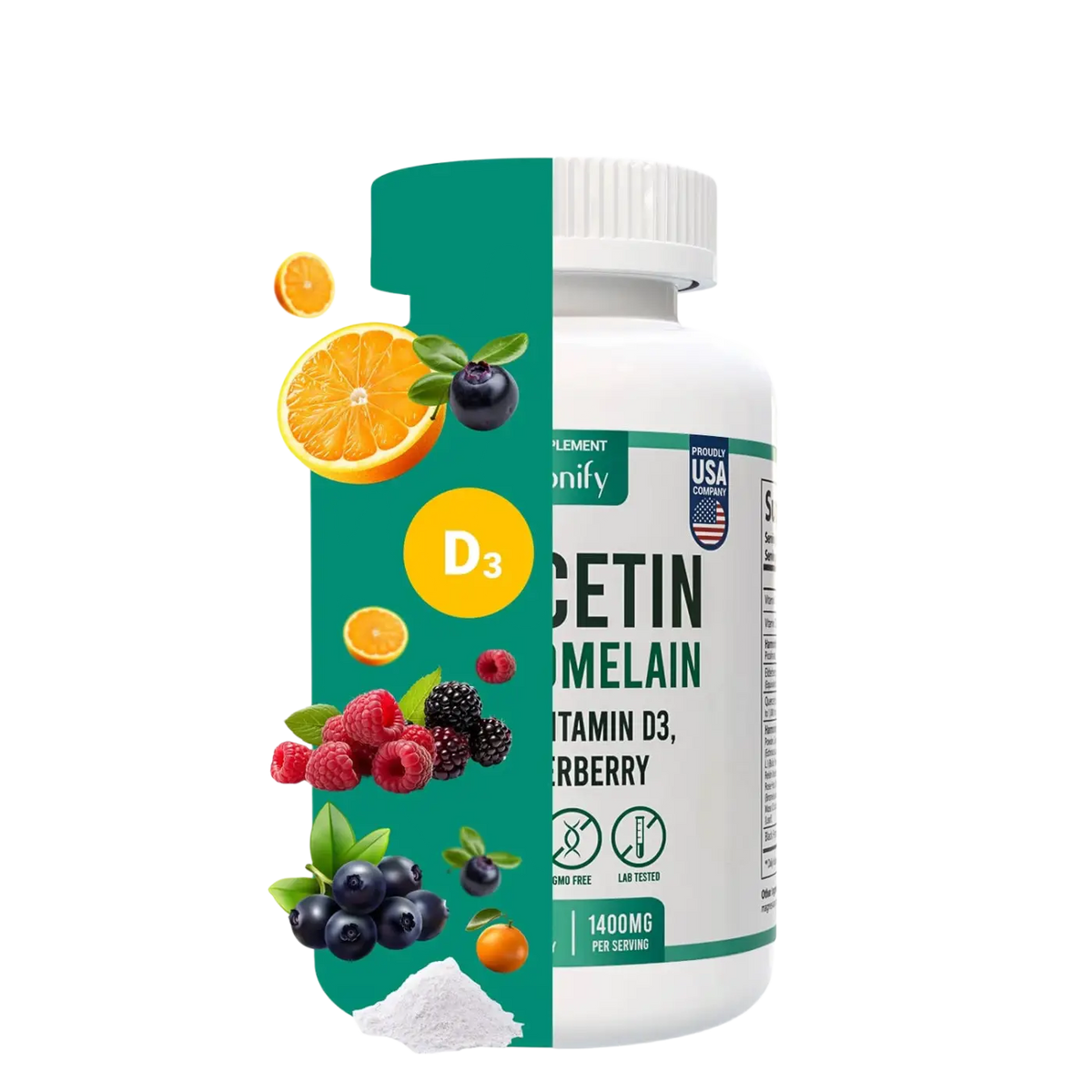 HARMONIFY Quercetin mit Bromelain, Zink und Holunder Nahrungsergänzung, Tabletten in Packung, natürliche Inhaltsstoffe sichtbar