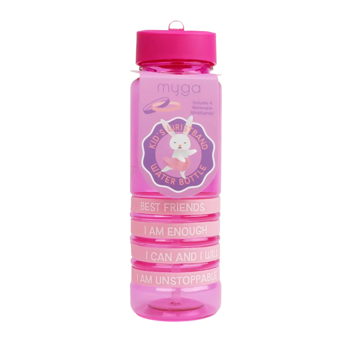 Bunte Trinkflasche für Kinder mit Rabbit Positivity Band von Myga Eco, auslaufsicheres Wasserflasche für Kids, kindgerechtes Design