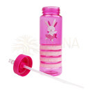 Rosa transparente kinder trinkflasche mit cartoon-hase und motivationalen sprüchen rabbit positivity band wasserflaschen