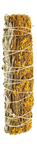 Räucherbündel aus getrocknetem salbei und gelben blumen, mit naturbast gebunden, ideal als smudge stick im mana shop, image to zoom