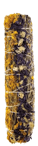 A tightly bound räucherbündel innerer ruhe with dried yellow and purple flowers tied with white twine from mana shop