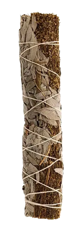 Dicht gebündeltes Räucherbündel aus weißem Salbei und Beifuß von Berk, traditionelle Räucherwaren für Räucherzeremonien