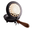 Räuchergefäss mandala in black metal with heart pattern and wooden handle shown in mana shop image to zoom with slight pivoting