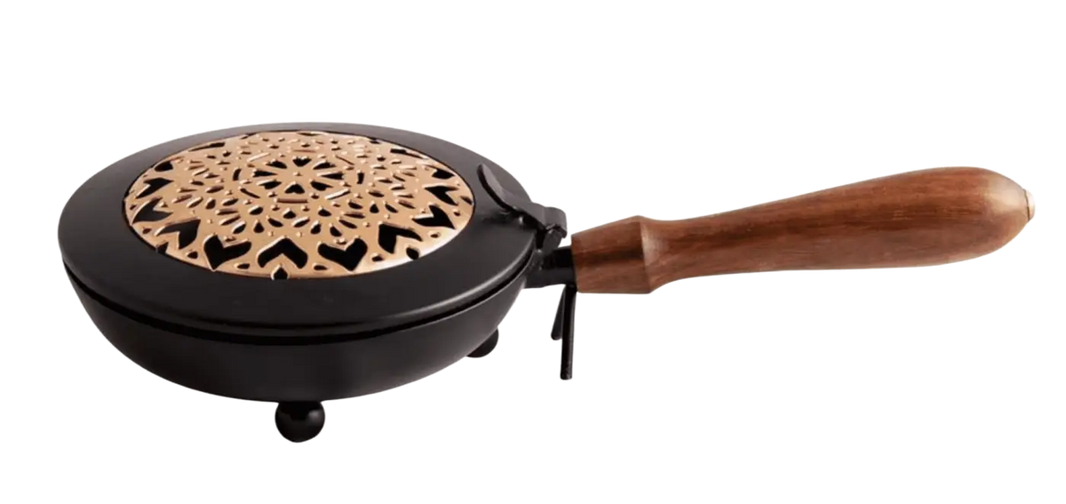 Dessauer Räuchergefäß Mandala aus schwarzem Metall, traditioneller Räucherwaren-Brenner für Weihrauch.