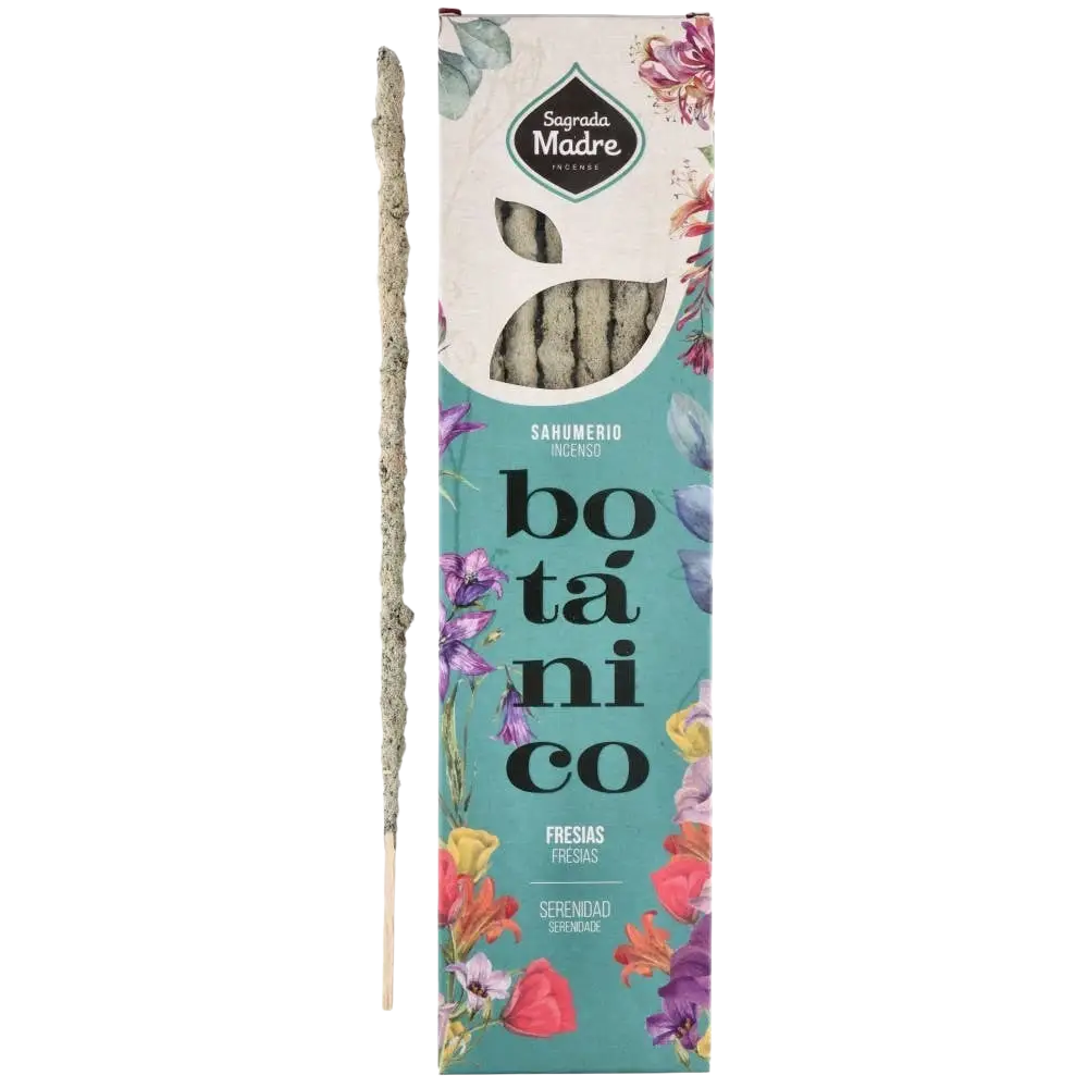 Räucherstäbchen Fresias Botanical Sahumerio von Sagrada Madre, Vives de la Cortada, in einer Verpackung mit weißen Räucherstäbchen