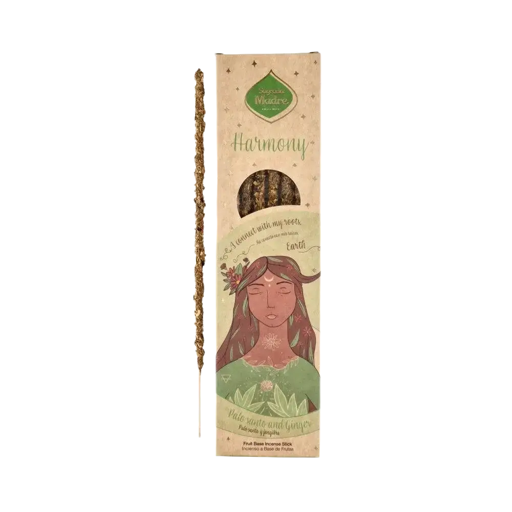 A beige cardboard box of sagrada madre räucherstäbchen with palo santo and earth harmony design featuring an illustrated woman