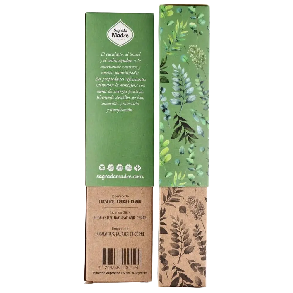 Räucherstäbchen Sahumerio Eukalyptus, Lorbeer und Zeder von Sagrada Madre, Vives de la Cortada, in Verpackung.