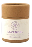 Ein brauner zylindrischer karton mit weißem etiket und lila text räucherstoff räuchermischung lavendel 50 ml von aromarauch mana shop image to zoom