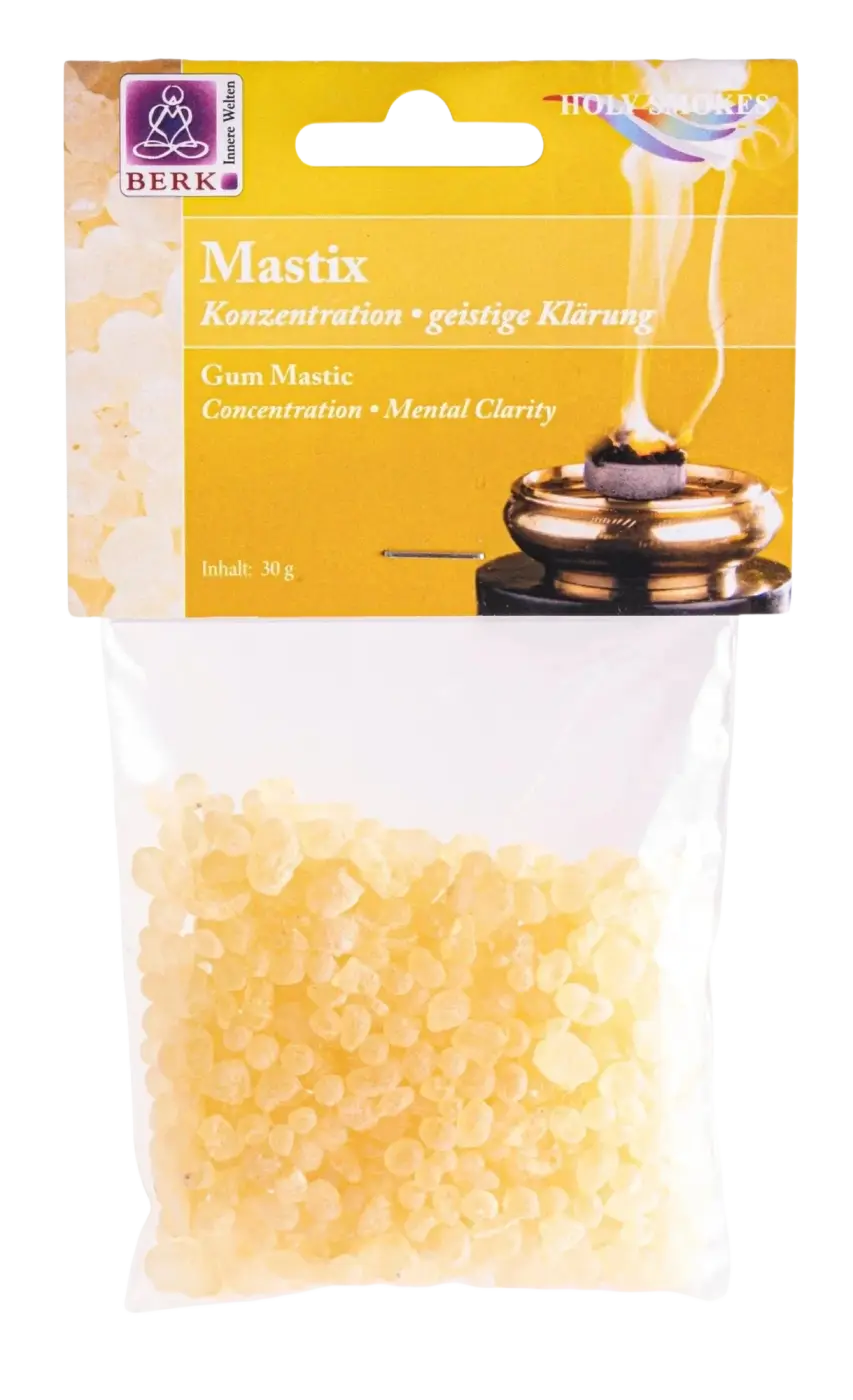 Dessauer Räucherware Mastix für geistige Klärung, gelbliche Räucherware in der Verpackung, traditionell zum Räuchern und Klären.