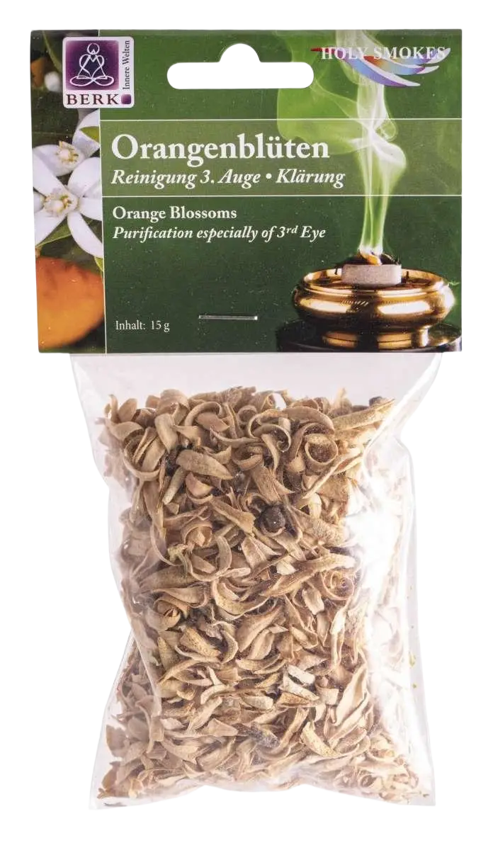 Räucherware Orangenblüten von Dessauer, 15g, aromatische Räucherwaren mit frischem Orangenblütenduft, in transparenter Verpackung.