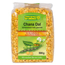 Rapunzel Chana Dal, geschälte Kichererbsen, Bio-Getreide und Hülsenfrüchte, naturbelassen, in einer Schale.