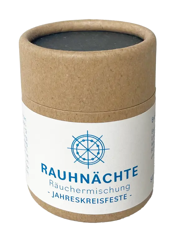 Rauhnacht-Mischung Räucherwaren in braunem Zylinderkartonbehälter, von Dessauer, traditionelle Räucherware für die Rauhnächte