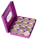 Lila metallic tinbox mit eingebautem spiegel und 16 glasgläsern mit kräutern im rauhnächte gift set hippie rose für die haut