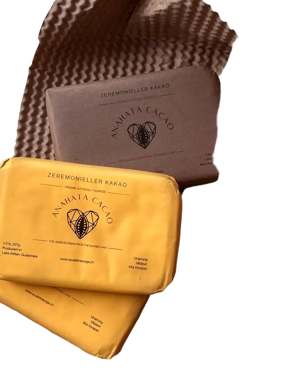 Reine Kakaobutter von Anahata Cacao in 105g Packung, gelbe Verpackung, für Süßigkeiten und Snacks, natürlich und hochwertig.