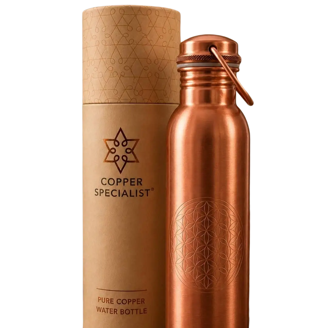 Reine Kupfer-Wasserflasche „Blume des Lebens“ mit Griff, handgefertigt, aus hochwertigem Kupfer für Wasseraufbewahrung.