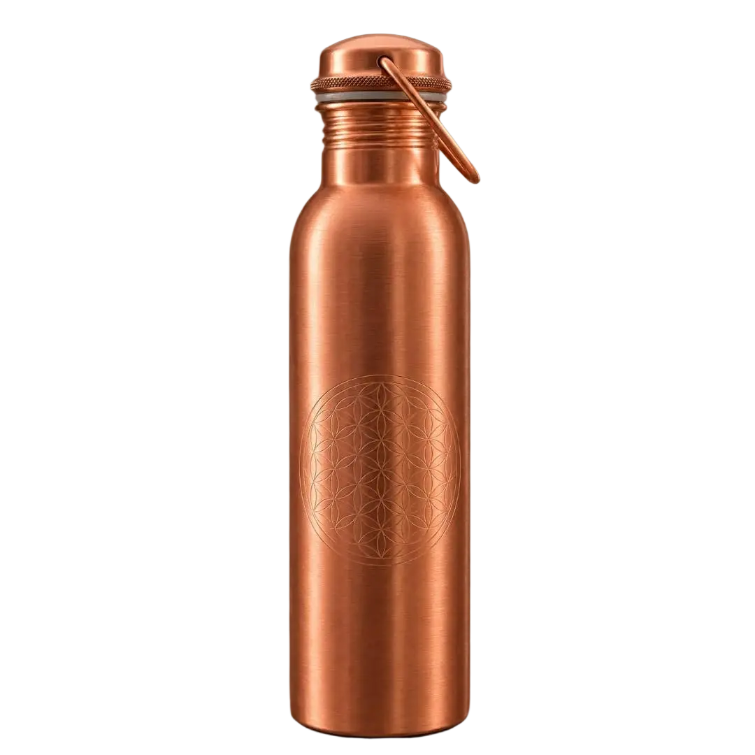 Reine Kupfer-Wasserflasche „Blume des Lebens“ mit Griff, handgefertigte Kupferflasche von Ayurveda Specialist B.V.