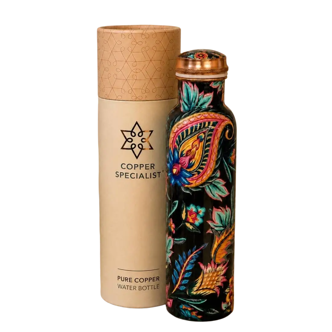Reine Kupfer-Wasserflasche mit Blumenmuster, 1 Liter, schwer, ideal für Ayurveda, langlebiges Kupfergefäß mit dekorativem Design