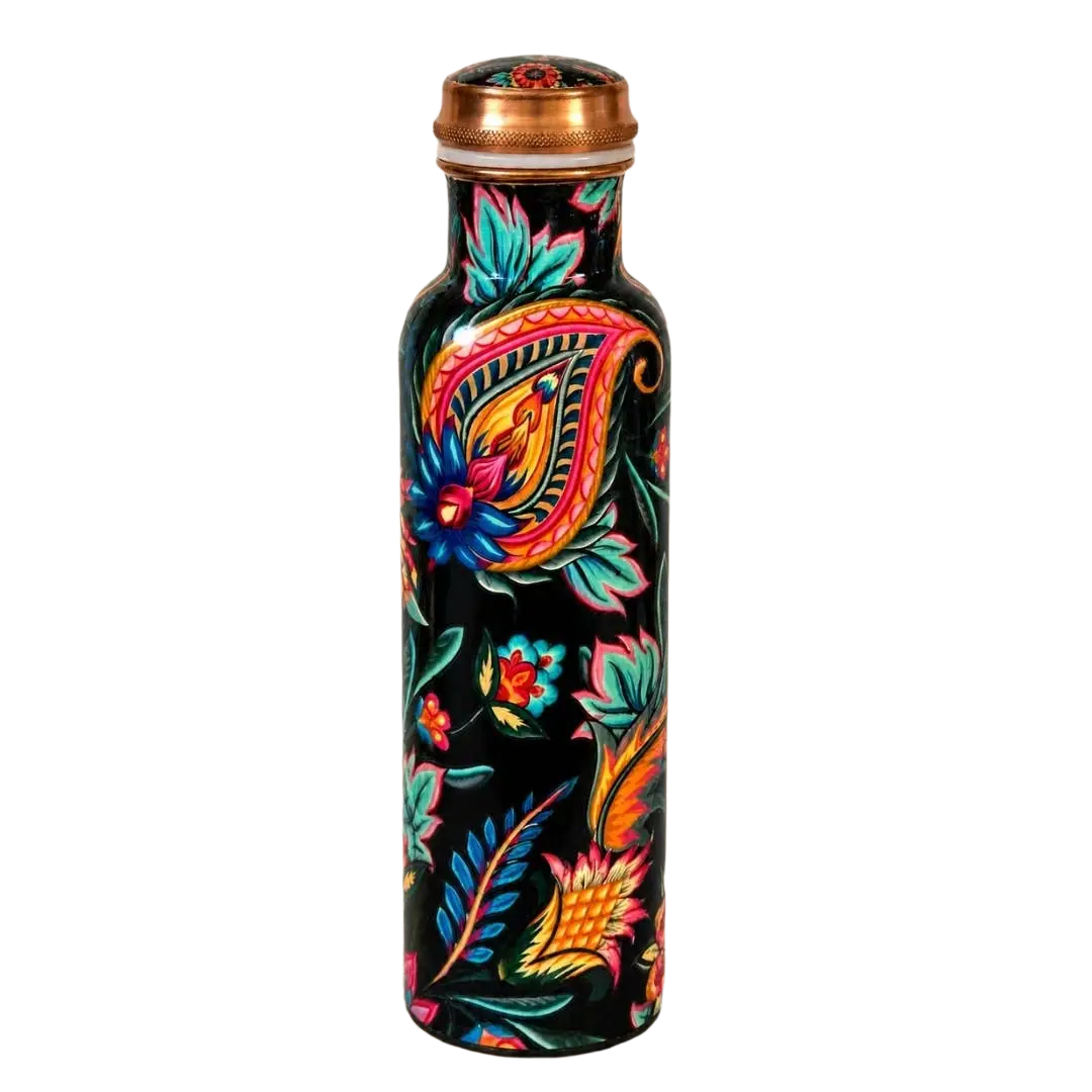 Reine Kupfer-Wasserflasche mit Blumenmuster, 1 Liter, schwer, ideal für Ayurveda und nachhaltige Wasseraufnahme