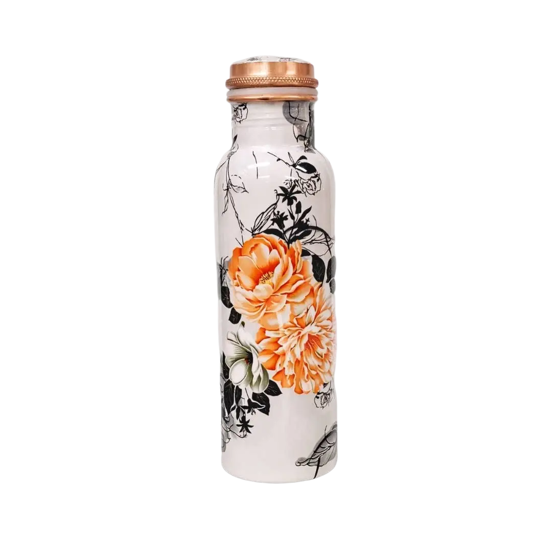 Reine Kupferflasche mit Blumenmuster, 750 ml, Wasserflasche im weißen Design, Ayurveda Spezialist B.V.