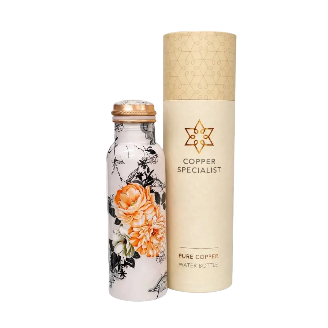 Reine Kupferflasche mit Blumenmuster in Weiß, 750 ml, aus Kupfer, ideal für Wasser, von Ayurveda Specialist B.V.