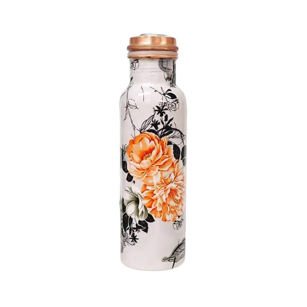Reine Kupferflasche mit Blumenmuster in Weiß, 750 ml, Wasserflasche aus Kupfer von Ayurveda Specialist B.V.