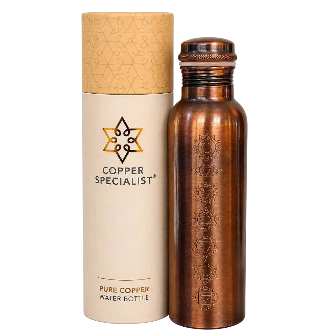 Reine kupferne Wasserflasche mit 7 Chakra-Design, antik, 1 Liter, schwer, von Ayurveda Specialist B.V.