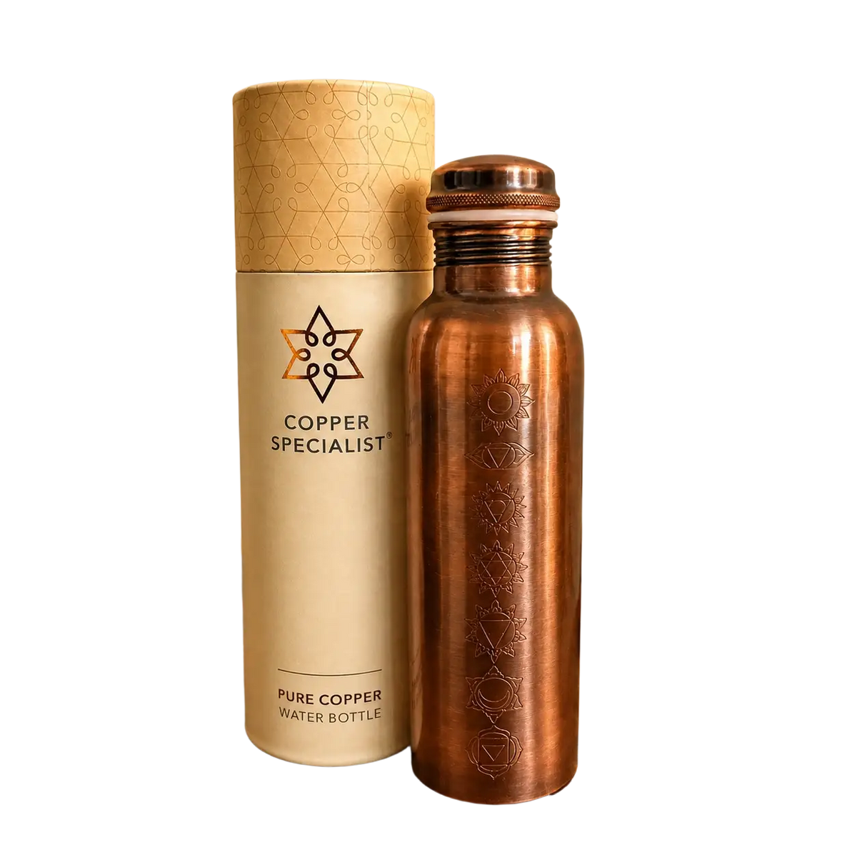 Reine kupferne Wasserflasche im Antikstil mit 7 Chakra-Motiven, 1 Liter, schwer, für Wasser und Ayurveda-Anwendungen