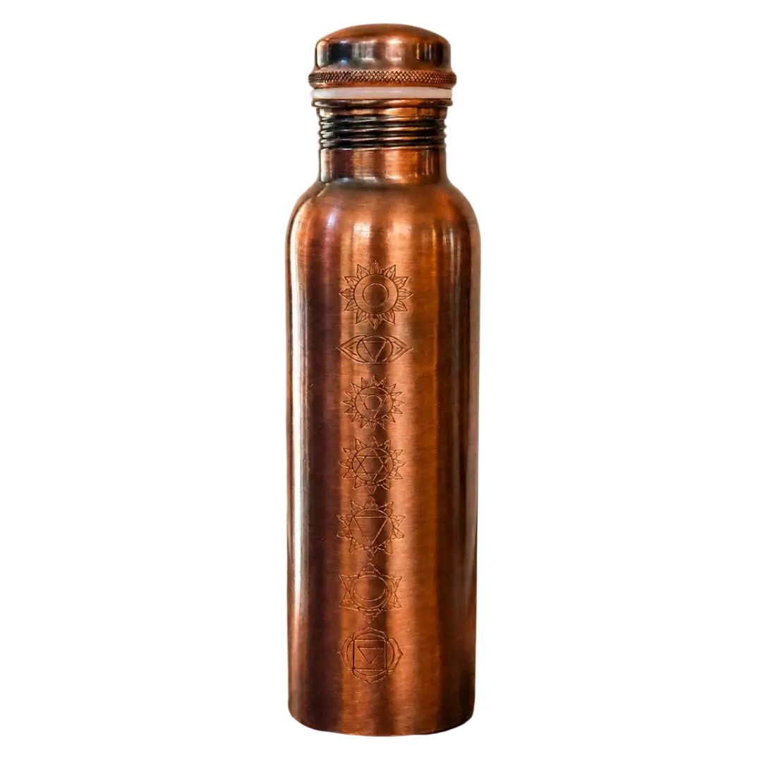 Reine kupferne Wasserflasche mit 7 Chakren, antik, 1 Liter, schwere Kupferflasche für Wasser, Ayurveda Specialist B.V.