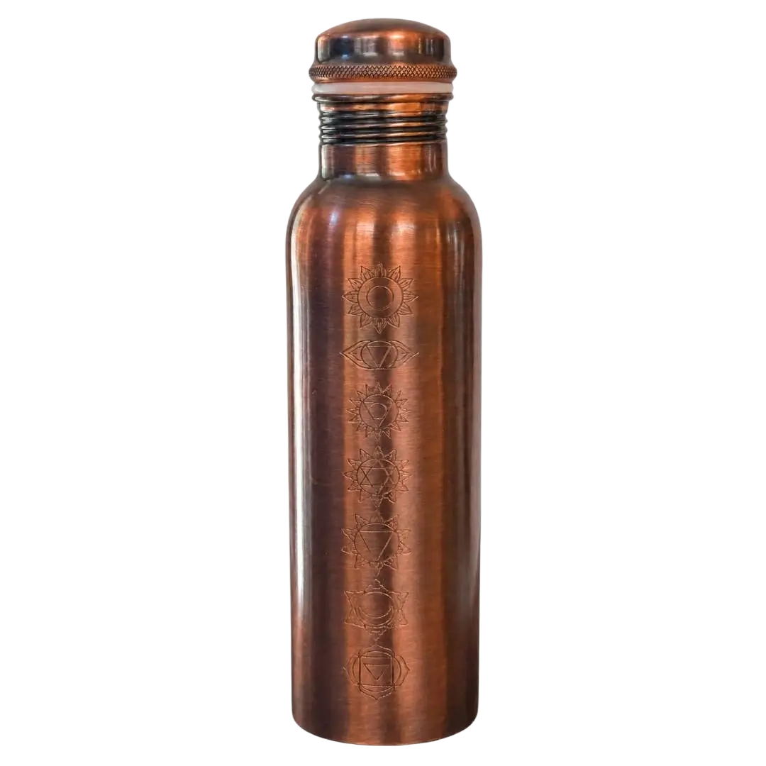 Reine kupferne Wasserflasche mit 7 Chakra-Design, antik, 1 Liter, schwer, für Wasser und Ayurveda-Anwendungen.