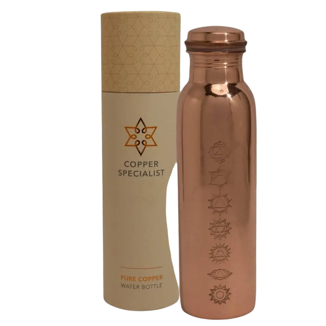 Reine kupferne Wasserflasche mit 7 Chakren, poliert, ca. 950 ml, von Ayurveda Specialist B.V.