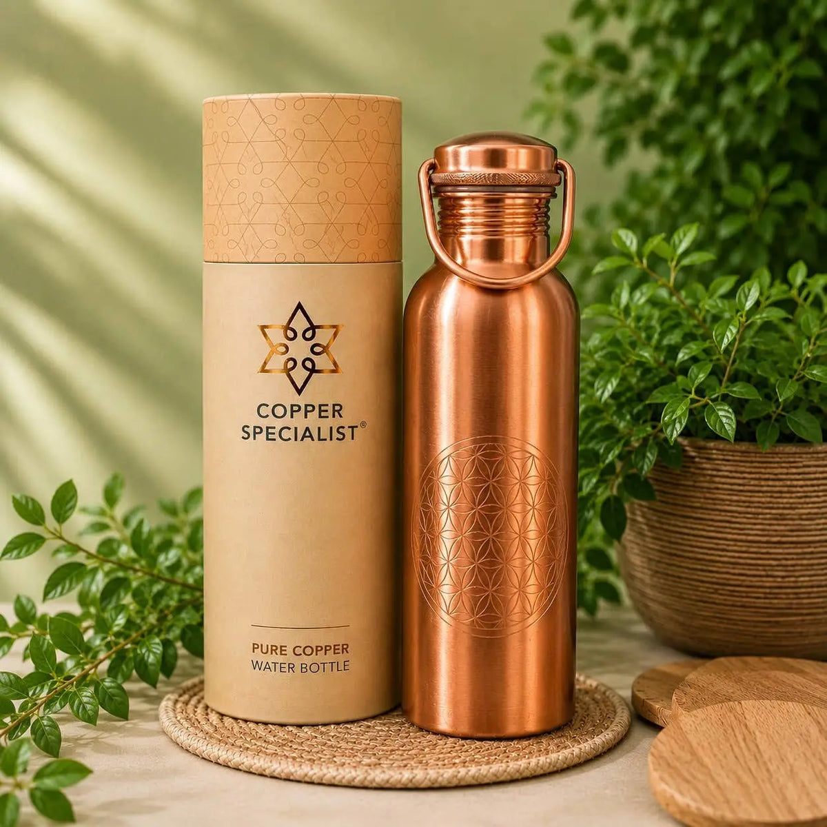 Kupferne Wasserflasche "Flower of Life" von Ayurveda Specialist B.V., matt gebürstet, 750ml, elegante Wasserflasche aus Kupfer