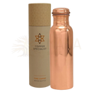 Shiny kupferne wasserflasche mit matching lid neben ihrer markierten zylindrischen verpackung schwere ausführung